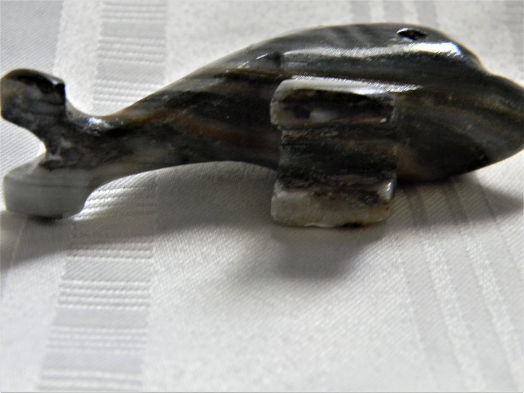 h443 Vintage Small Carved Black Marble Dolphin Statue