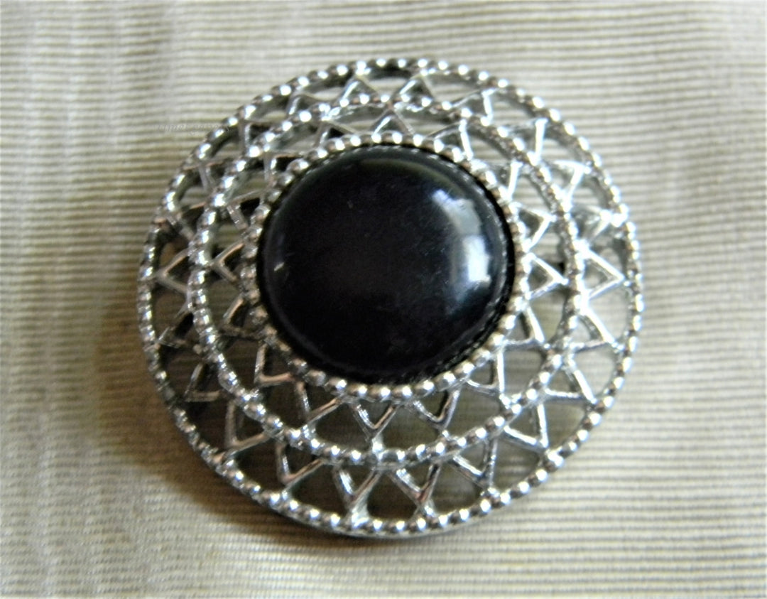 p325 Great Vintage Sarah Coventry Silver Tone Brooch with Black Center 1950's