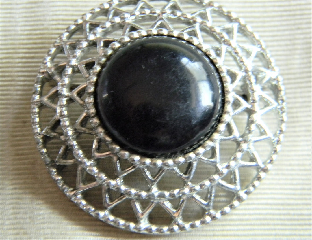 p325 Great Vintage Sarah Coventry Silver Tone Brooch with Black Center 1950's