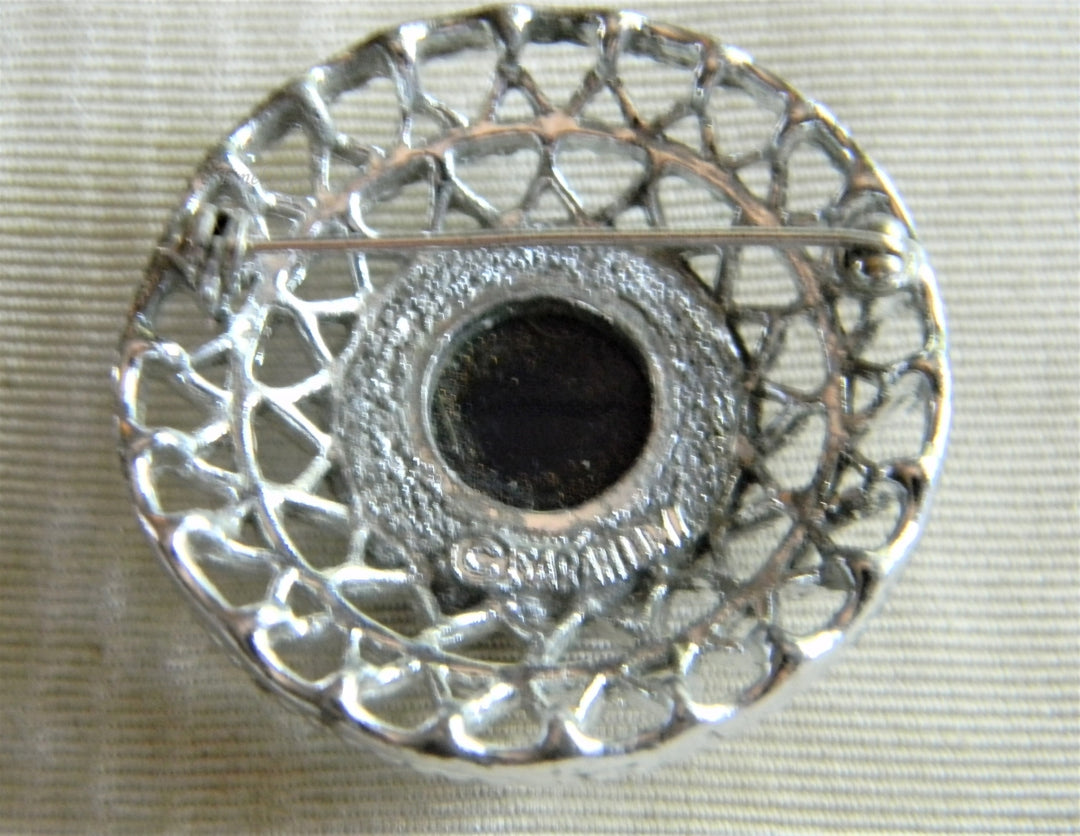 p325 Great Vintage Sarah Coventry Silver Tone Brooch with Black Center 1950's