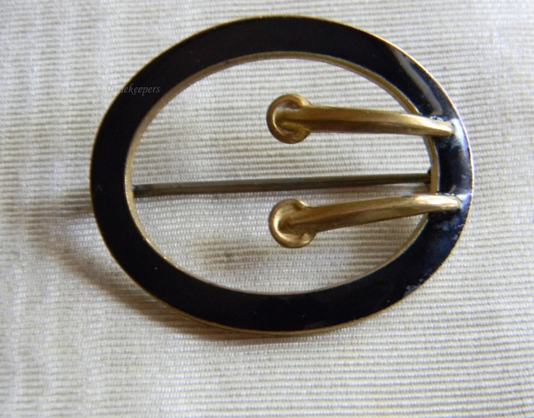 p330 Unique Vintage Gold Filled Brooch with Black Enamel Frame