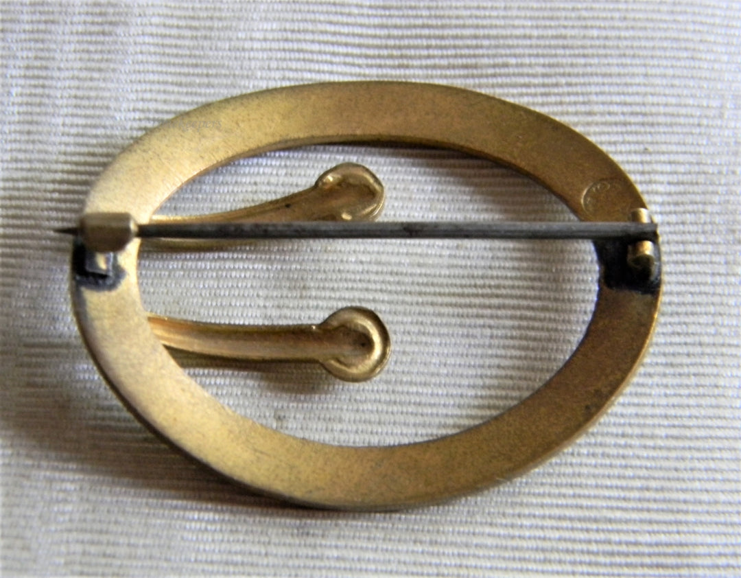 p330 Unique Vintage Gold Filled Brooch with Black Enamel Frame