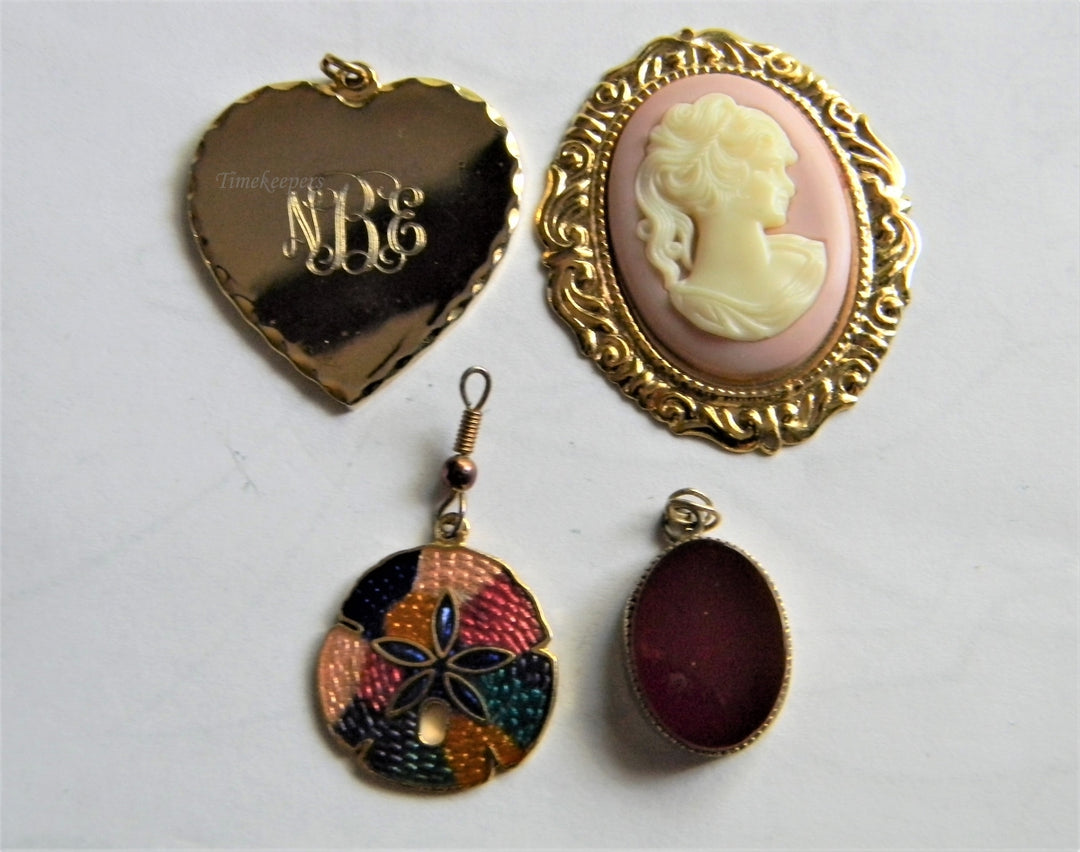 p338 Lot of 4 Gold Tone Pendants Heart, Cloisonne, Cameo, Etc. No Chains