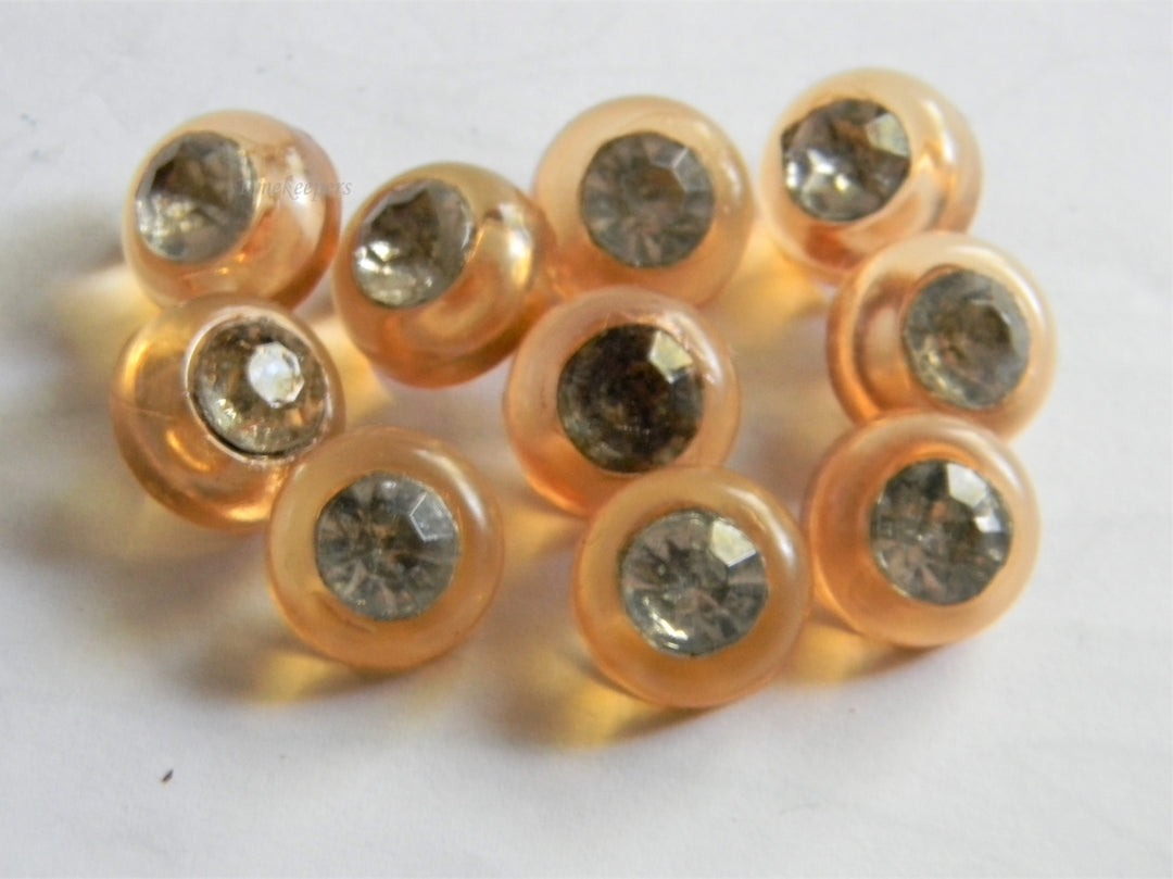 p342 Set of (10) Vintage Amber Plastic Buttons with Rhinestones and Shanks