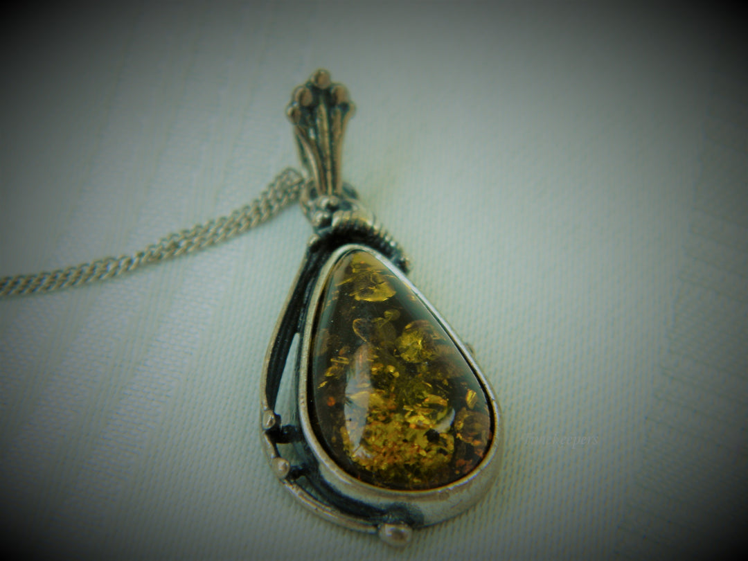 j405 Beautiful Vintage Sterling Pendant with Gold Glitter Resin on 14k WG Chain