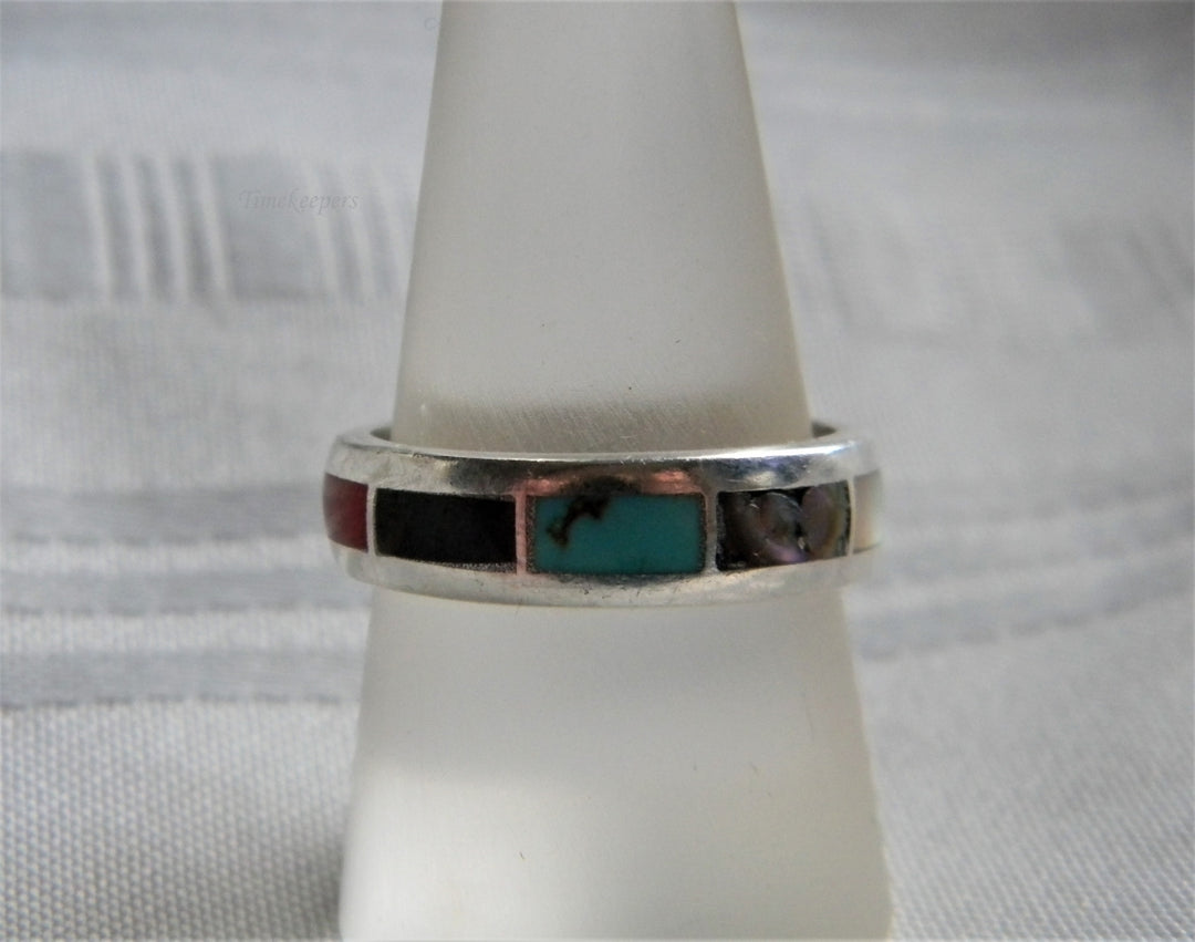 p349 Sterling Silver Band with Turquoise Abalone Coral and Other gem Stones