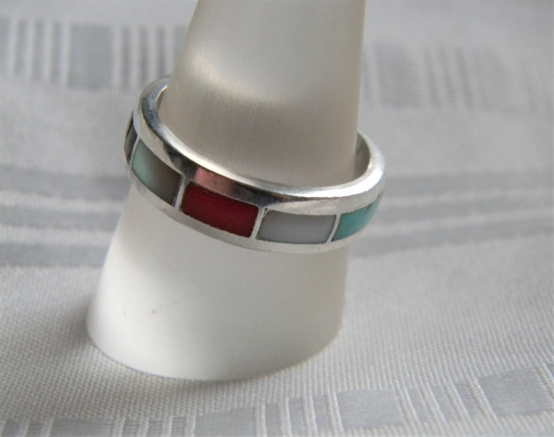 p349 Sterling Silver Band with Turquoise Abalone Coral and Other gem Stones