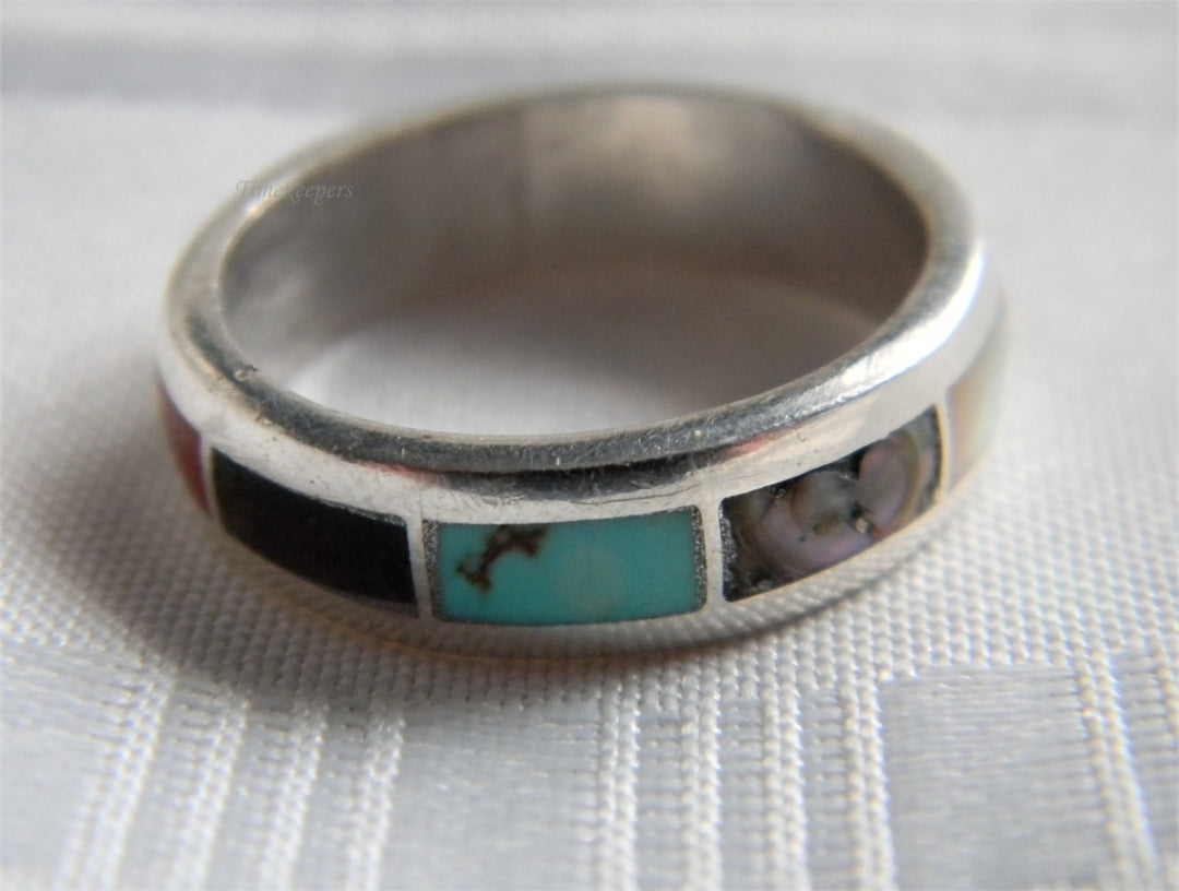 p349 Sterling Silver Band with Turquoise Abalone Coral and Other gem Stones