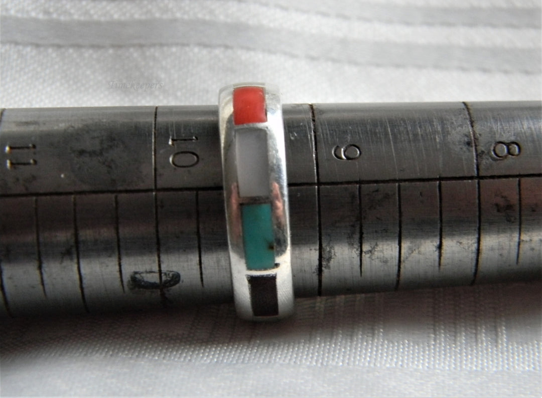 p349 Sterling Silver Band with Turquoise Abalone Coral and Other gem Stones