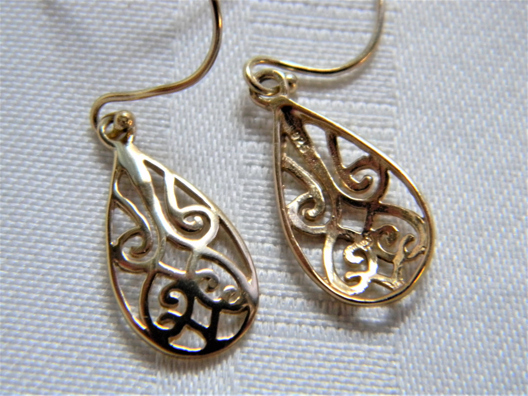 h491 Beautiful Filigree Sterling Earrings with Gold Plate on French Hook