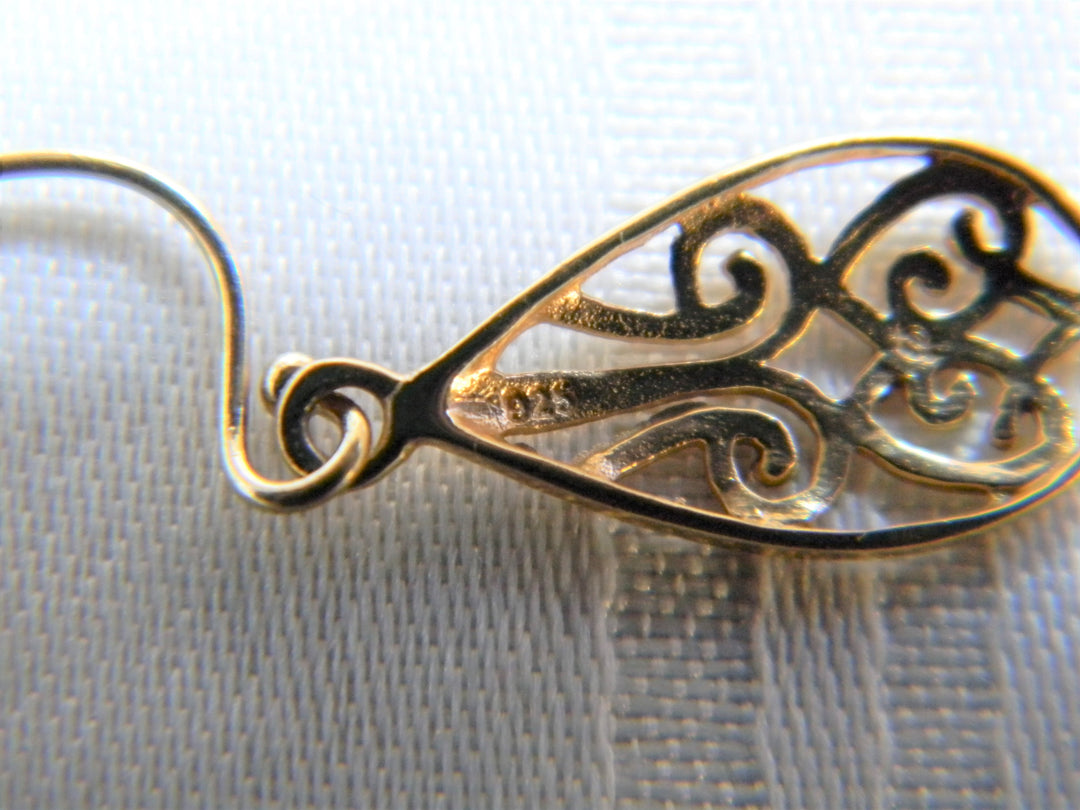 h491 Beautiful Filigree Sterling Earrings with Gold Plate on French Hook