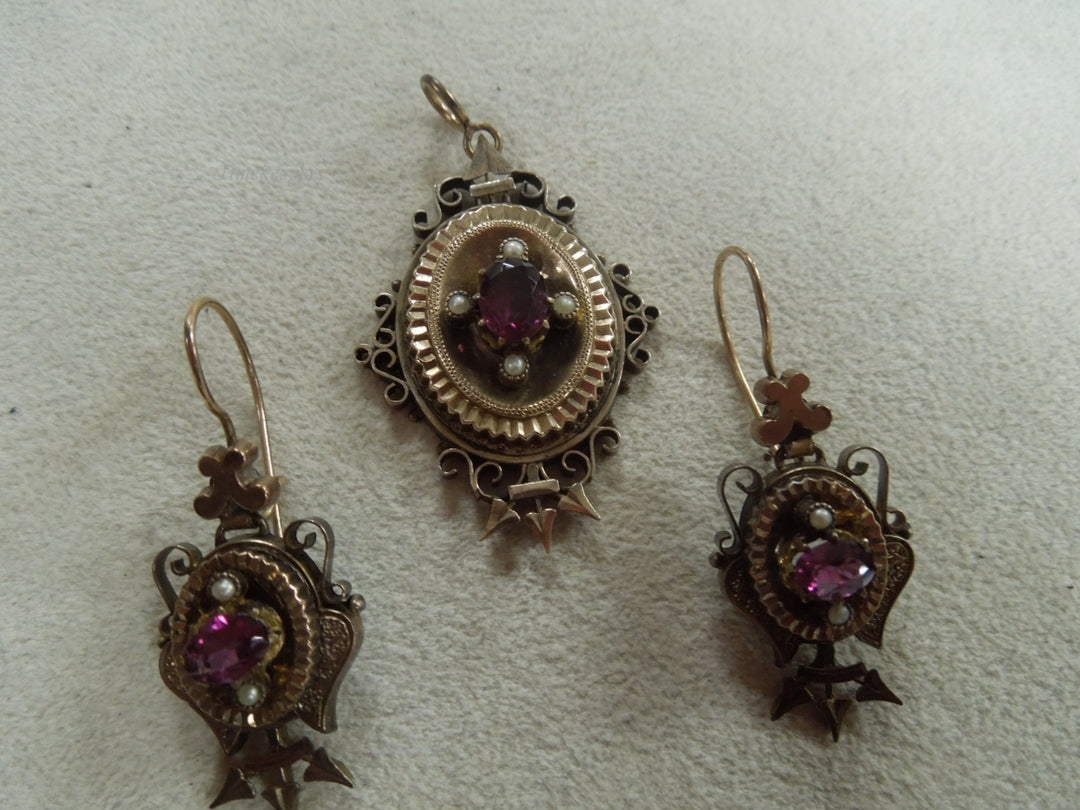 q141 Beautiful Antique Victorian Gold Filled Earrings and Pendant