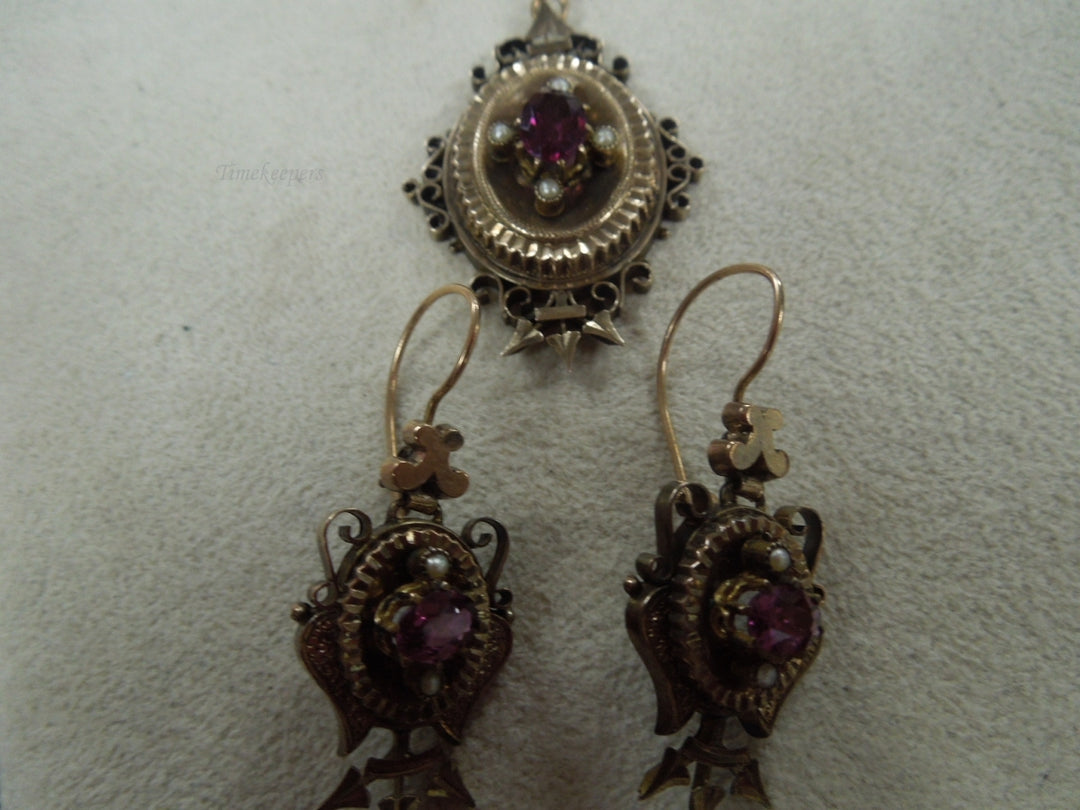 q141 Beautiful Antique Victorian Gold Filled Earrings and Pendant