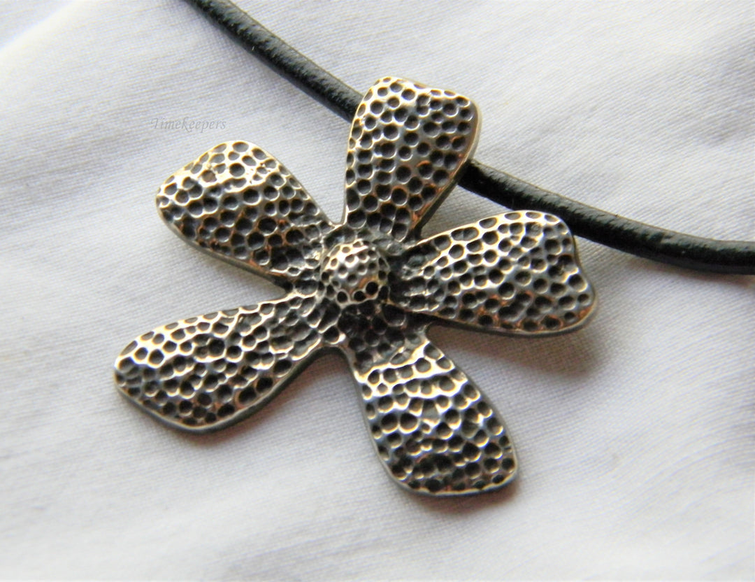 j513 Unique Sterling Silver Flower Pendant on Black Cord from Thailand