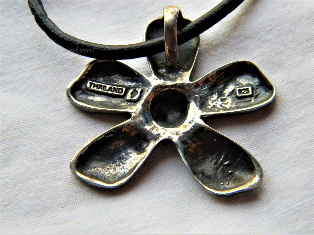j513 Unique Sterling Silver Flower Pendant on Black Cord from Thailand