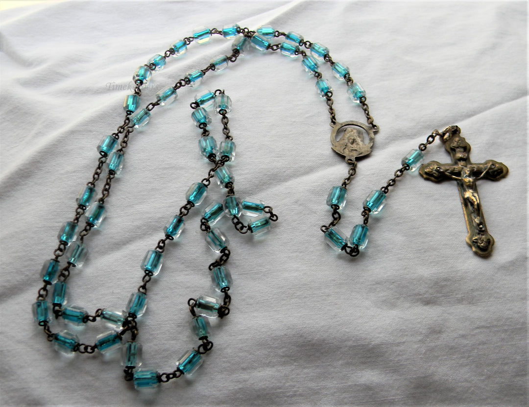 j516 Nice Vintage Catholic Rosary with Blue and Clear Beads