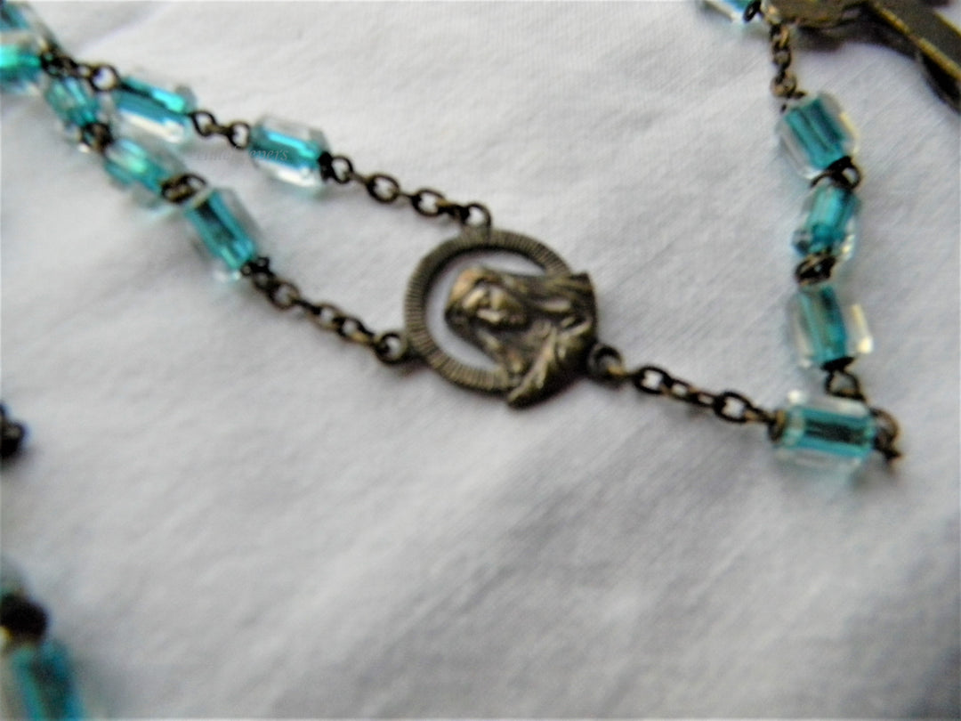 j516 Nice Vintage Catholic Rosary with Blue and Clear Beads