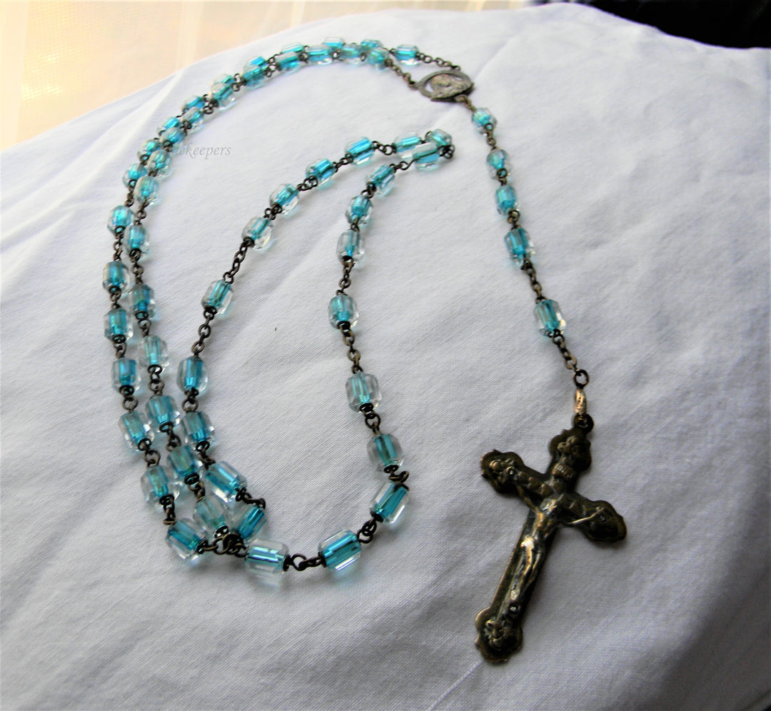 j516 Nice Vintage Catholic Rosary with Blue and Clear Beads