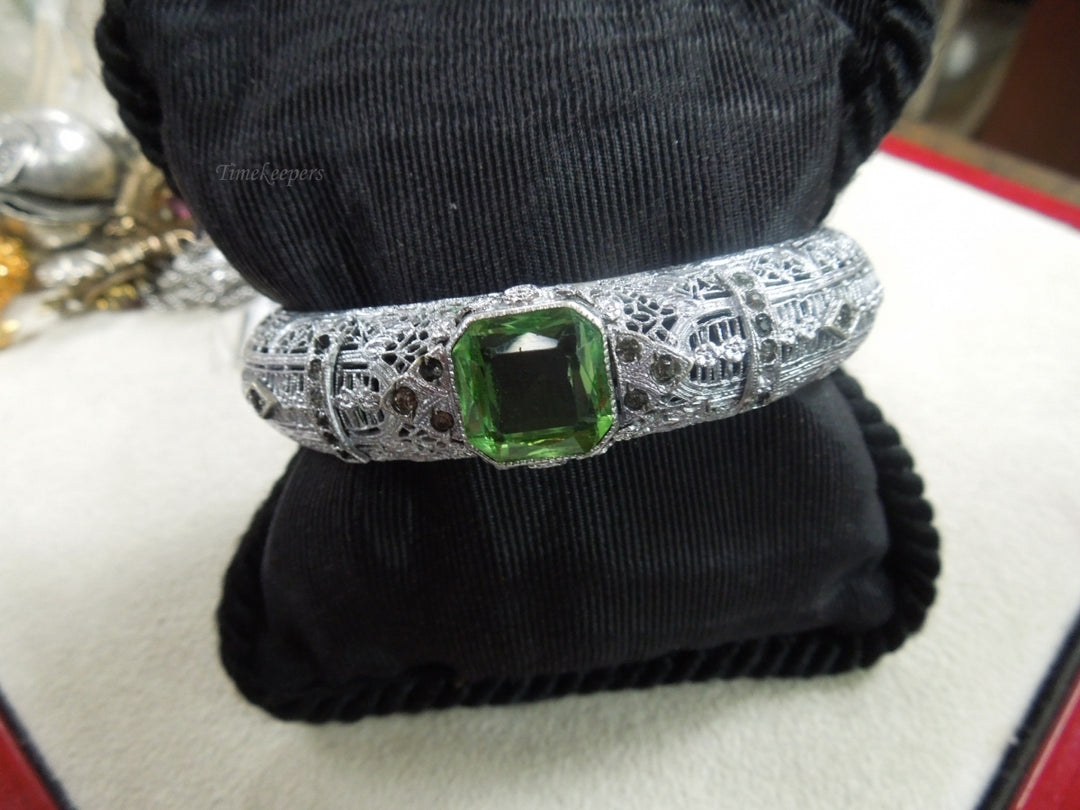 q167 Vintage Filigree Bangle/Bracelet with Shiny Green Stone