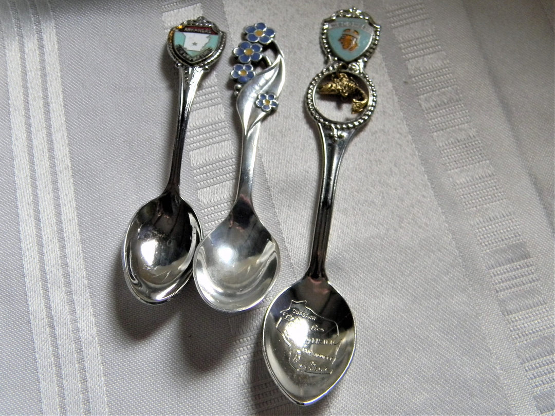 h626 Set of 3 Vintage Collectible Spoons Arkansas Blue Flowers Wisconsin