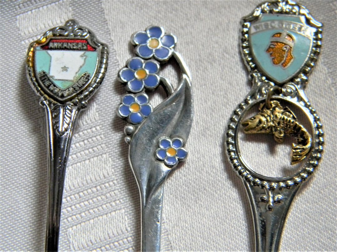 h626 Set of 3 Vintage Collectible Spoons Arkansas Blue Flowers Wisconsin