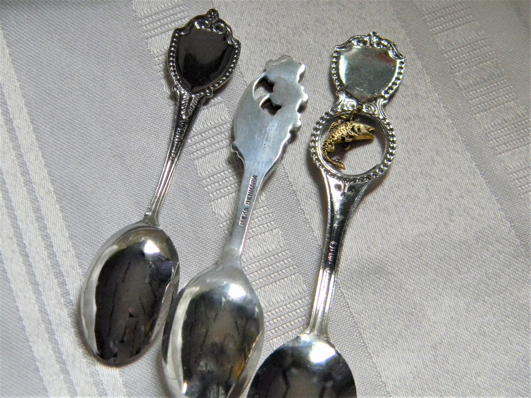 h626 Set of 3 Vintage Collectible Spoons Arkansas Blue Flowers Wisconsin