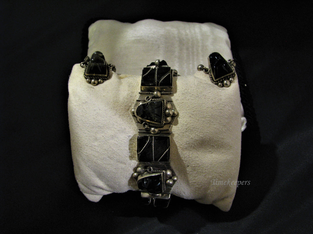 c826 Unique Vintage Sterling Silver Onyx Bracelet &amp; Earring Set