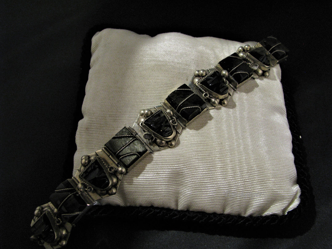 c826 Unique Vintage Sterling Silver Onyx Bracelet &amp; Earring Set