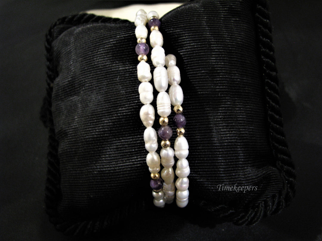 c827 Lovely Memory Wire Pearl and Purple Bead Bracelet