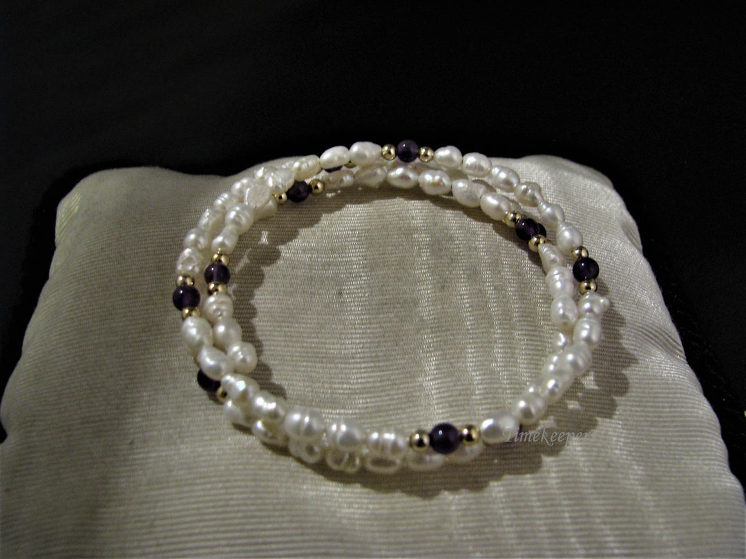c827 Lovely Memory Wire Pearl and Purple Bead Bracelet