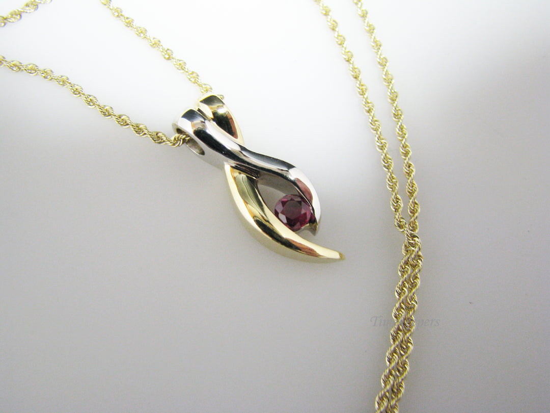 c922 Unique 2 Tone Swirl Pendant with Center Ruby on 14k Yellow Gold Chain