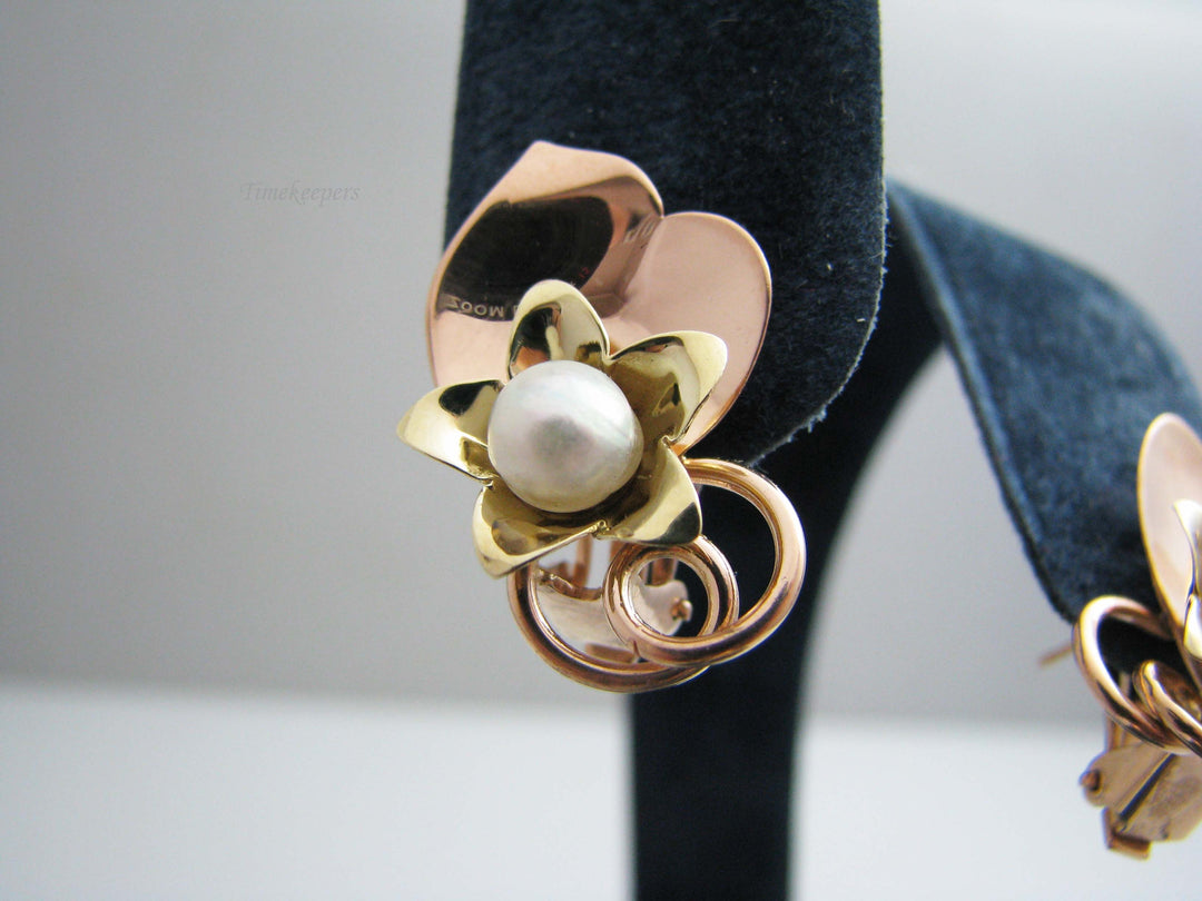a404 Solid 14k Rose Gold and Yellow Gold Flower and Pearl Brooch/Pendant and Earrings