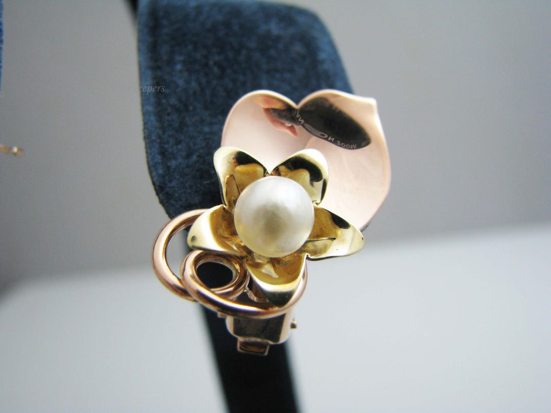 a404 Solid 14k Rose Gold and Yellow Gold Flower and Pearl Brooch/Pendant and Earrings