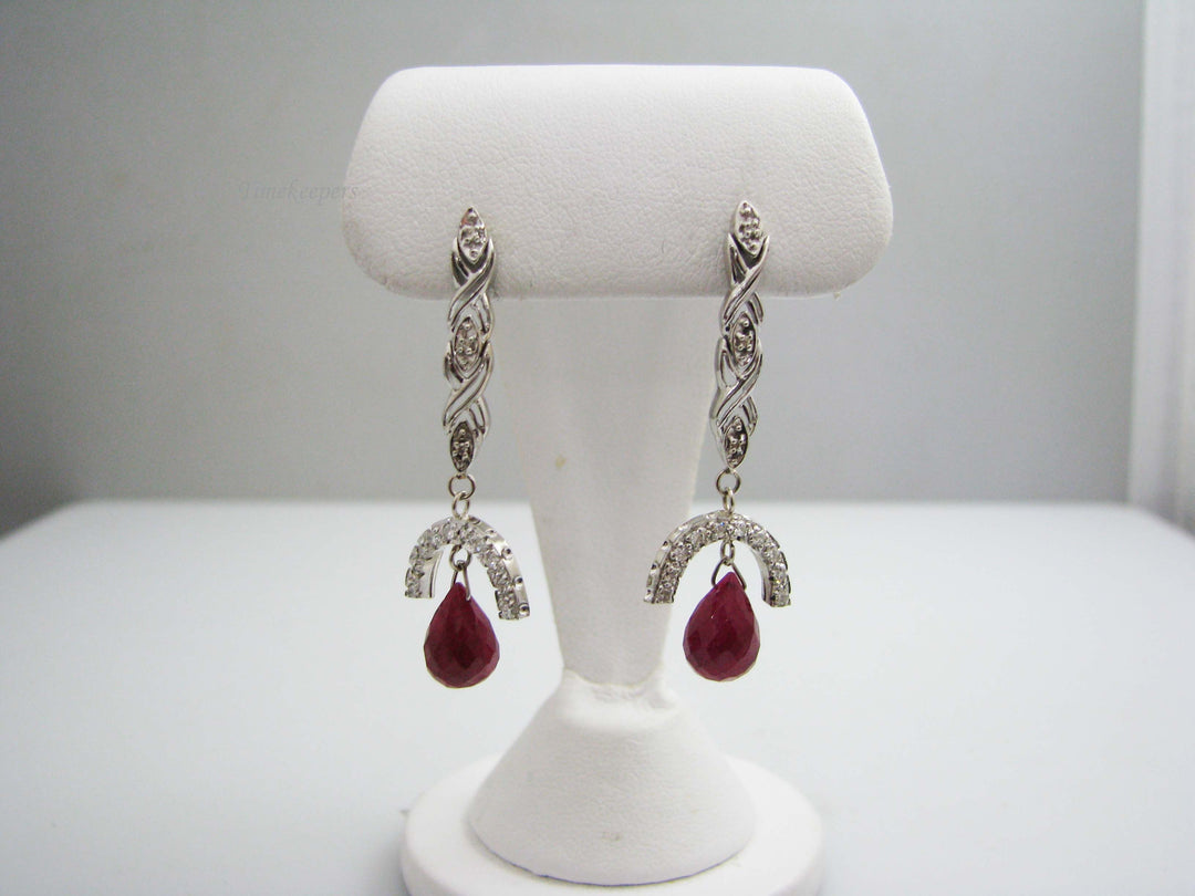 b570 Beautiful 14kt White Gold Diamond and Ruby Briolette Dangle Earrings