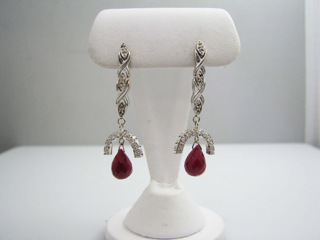 b570 Beautiful 14kt White Gold Diamond and Ruby Briolette Dangle Earrings