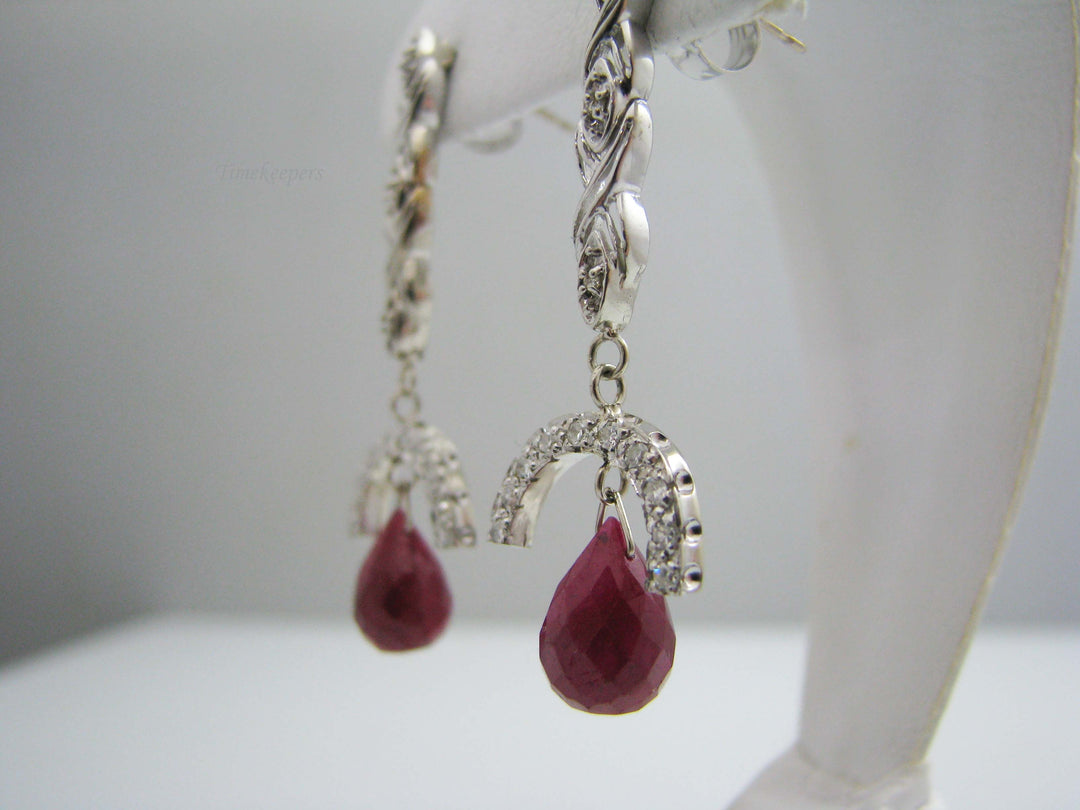 b570 Beautiful 14kt White Gold Diamond and Ruby Briolette Dangle Earrings