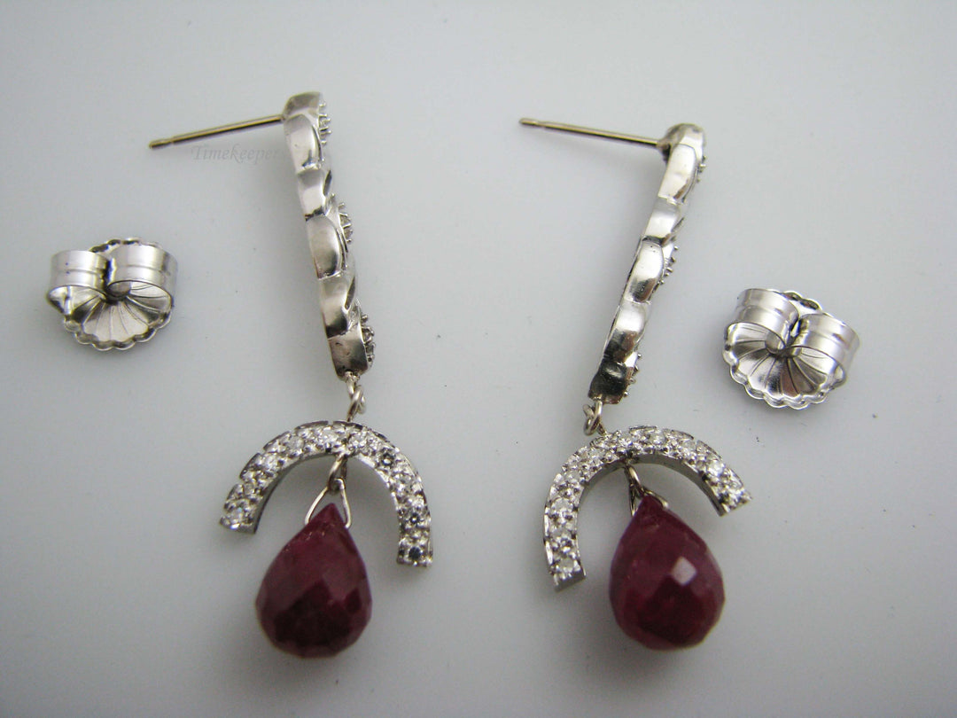 b570 Beautiful 14kt White Gold Diamond and Ruby Briolette Dangle Earrings