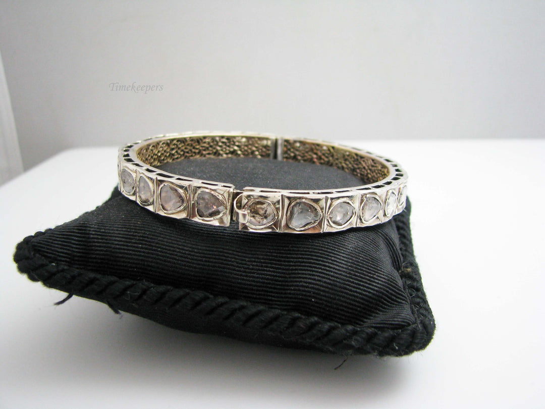 a1016 Vintage Unique 1800's Single Rose Cut Diamonds Silver Gold Bangle Bracelet
