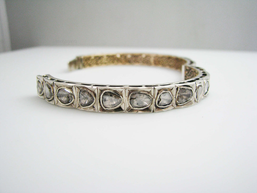 a1016 Vintage Unique 1800's Single Rose Cut Diamonds Silver Gold Bangle Bracelet