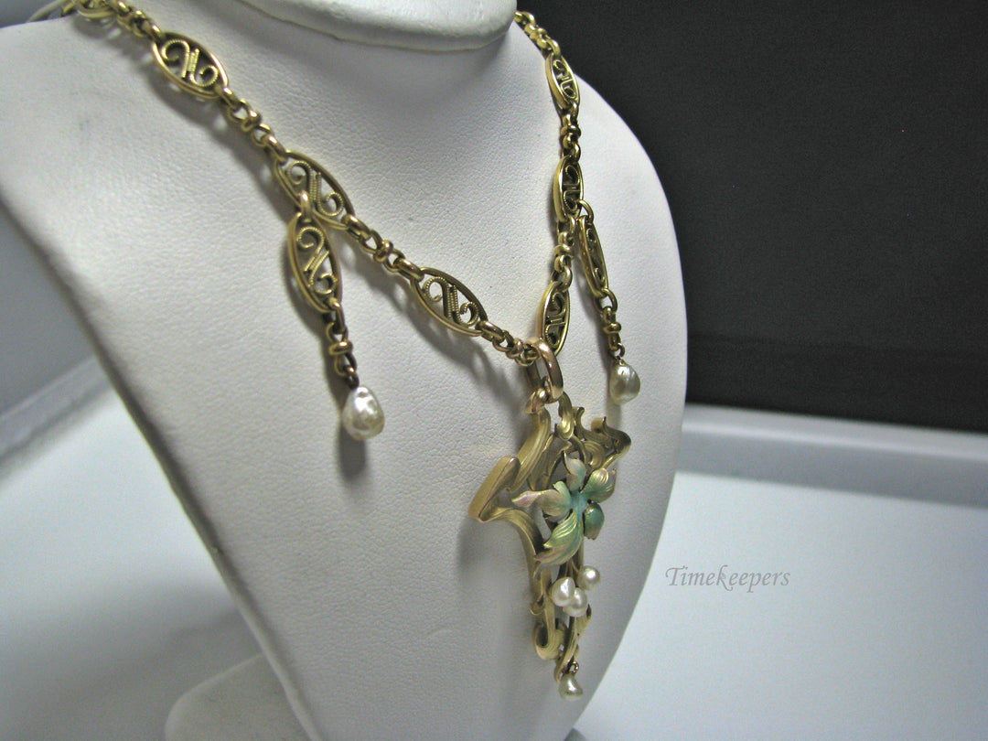 H065 Gorgeous Lavelier Necklace with Pearls in 14k Yellow Gold