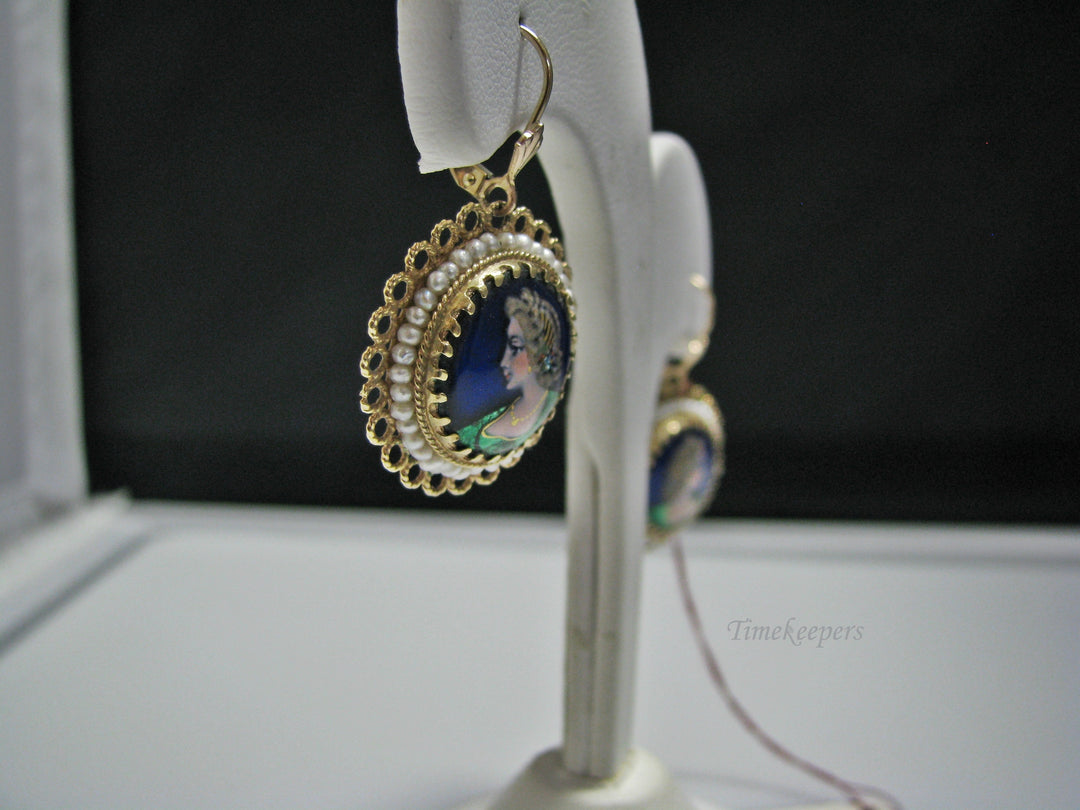 H067 Beautiful Enamel Earrings with Sea Pearls in 14k Yellow Gold