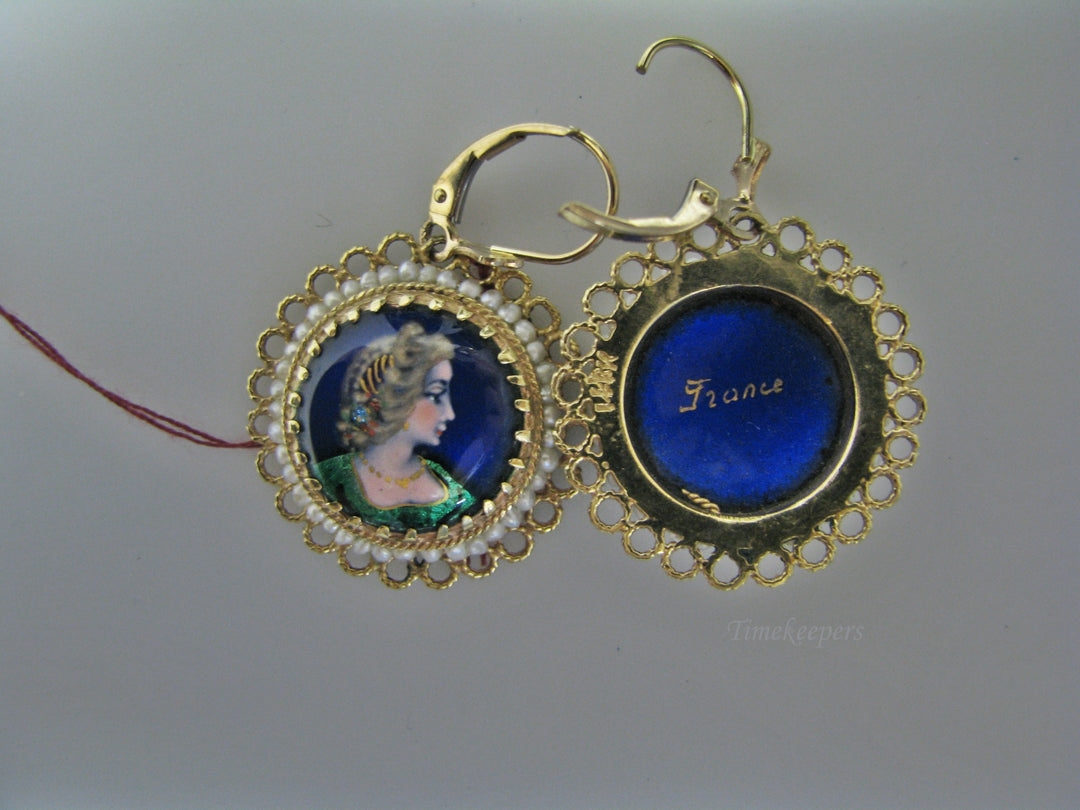 H067 Beautiful Enamel Earrings with Sea Pearls in 14k Yellow Gold