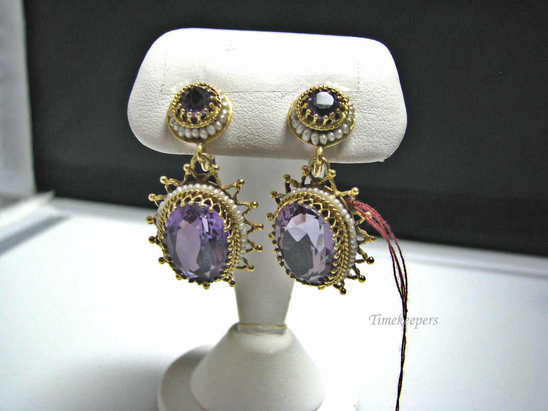 H070 Stunning Amethyst Earrings with Sea Pearls in 14k Yellow Gold