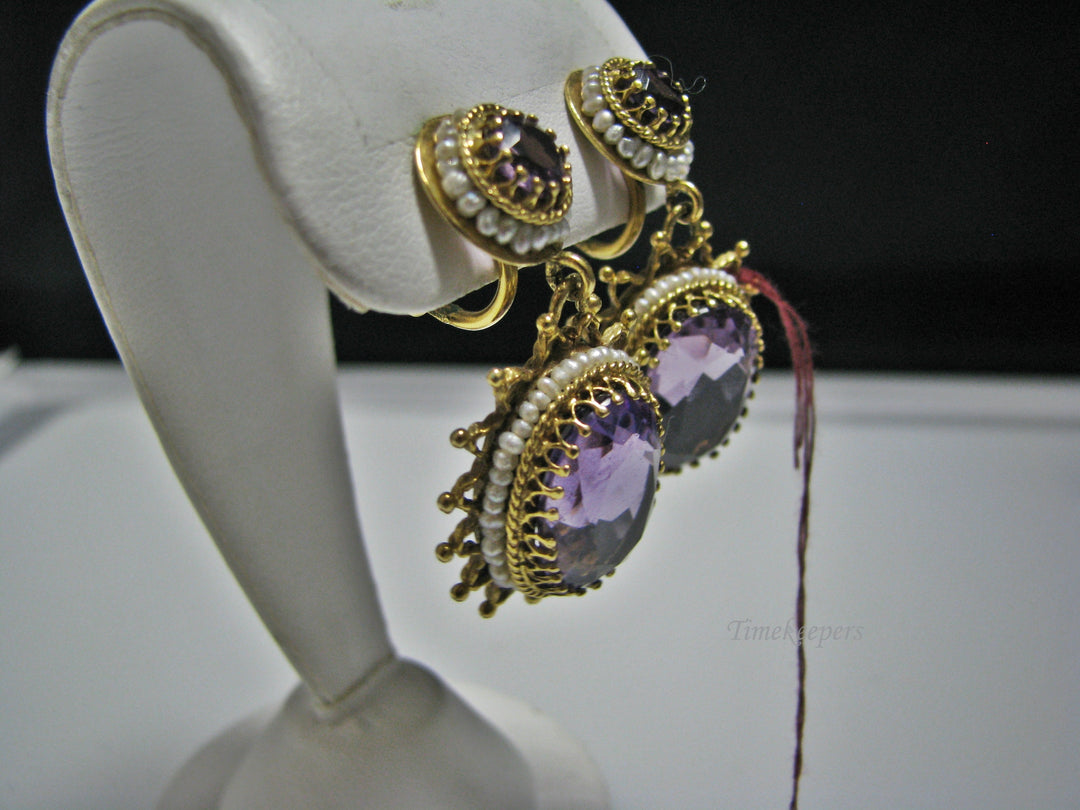 H070 Stunning Amethyst Earrings with Sea Pearls in 14k Yellow Gold