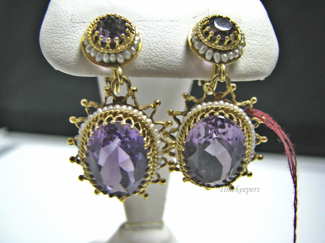 H070 Stunning Amethyst Earrings with Sea Pearls in 14k Yellow Gold