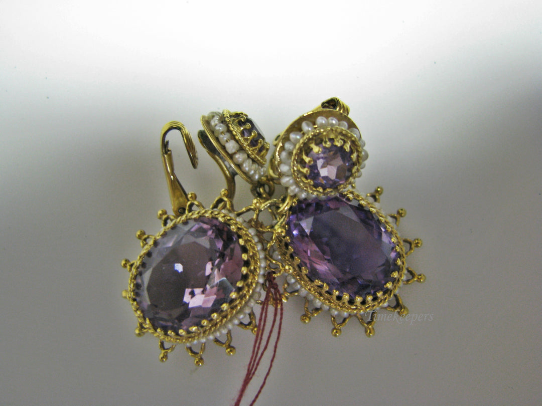 H070 Stunning Amethyst Earrings with Sea Pearls in 14k Yellow Gold