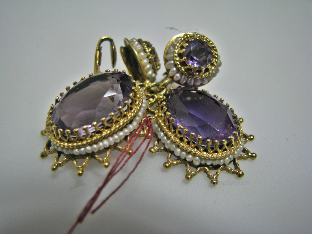 H070 Stunning Amethyst Earrings with Sea Pearls in 14k Yellow Gold