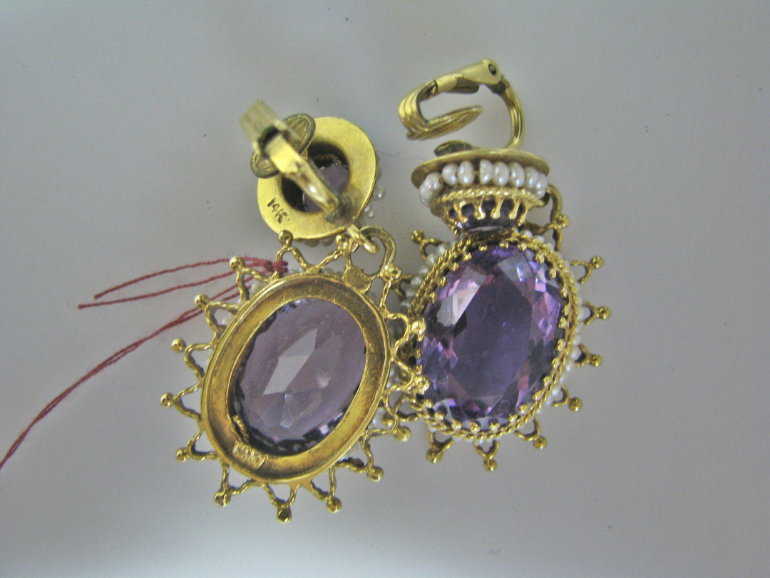 H070 Stunning Amethyst Earrings with Sea Pearls in 14k Yellow Gold