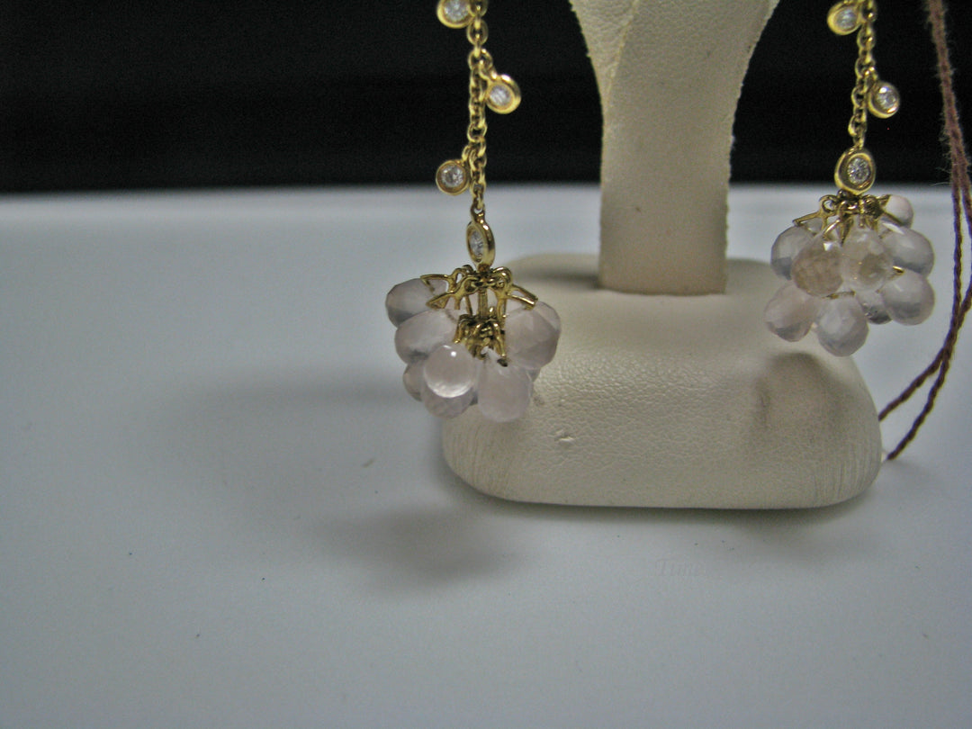 H074 Unique Rose Quartz Earrings with Lovely Diamonds in 18k Gold