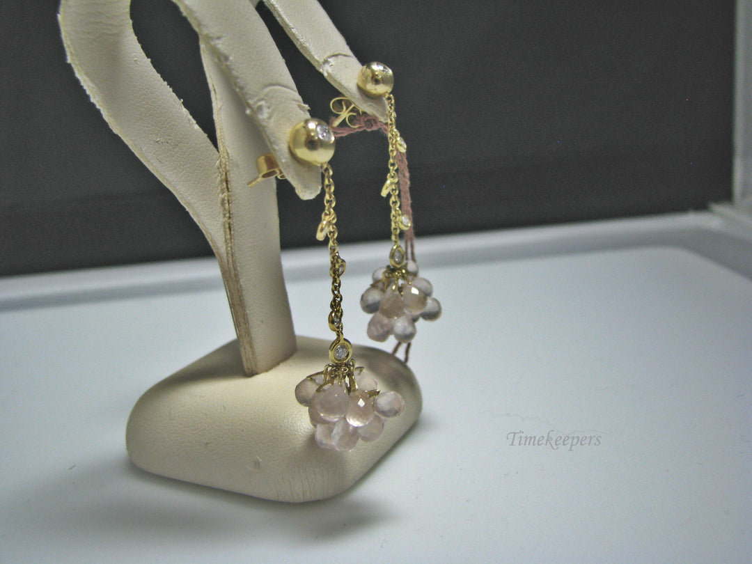 H074 Unique Rose Quartz Earrings with Lovely Diamonds in 18k Gold